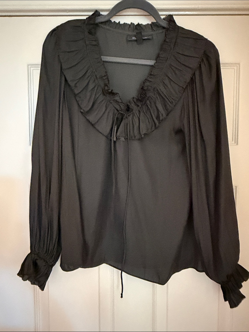 Ruffled V-Neck Long Sleeve Blouse - dark olive